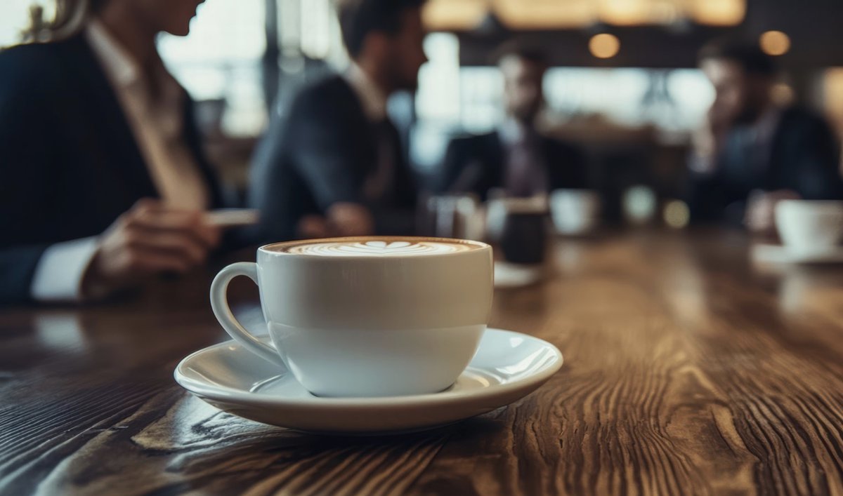 Dwóch mężczyzn rozmawia przy cappuccino w przytulnej kawiarni z drewnianymi meblami