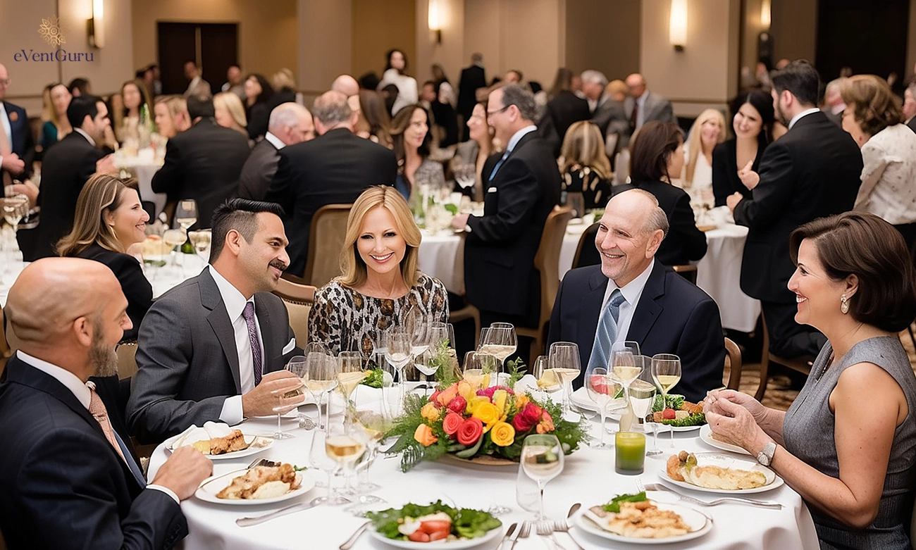 kelner serwuje przystawki na bankiecie firmowym kelner w uniformie roznoszący tace z przystawkami wśród gości bankietu